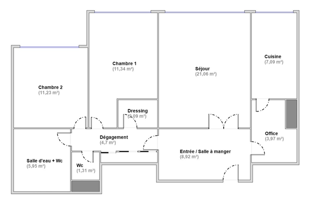 Plan coté de l'appartement de 77,66 m² place Pinel