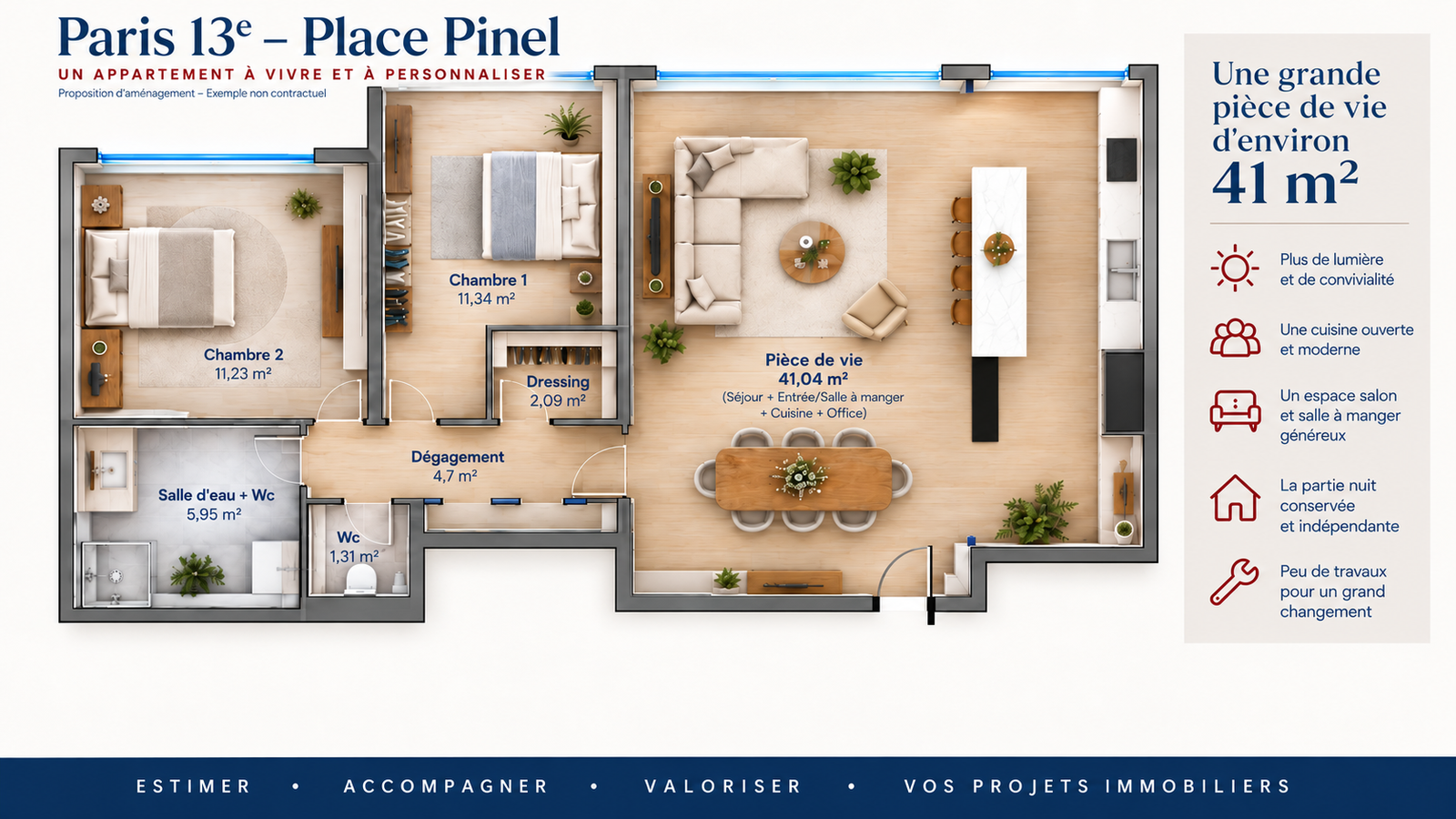 Projection non contractuelle d'un appartement de 77,66 m² avec une pièce de vie ouverte d'environ 41 m² et deux chambres conservées