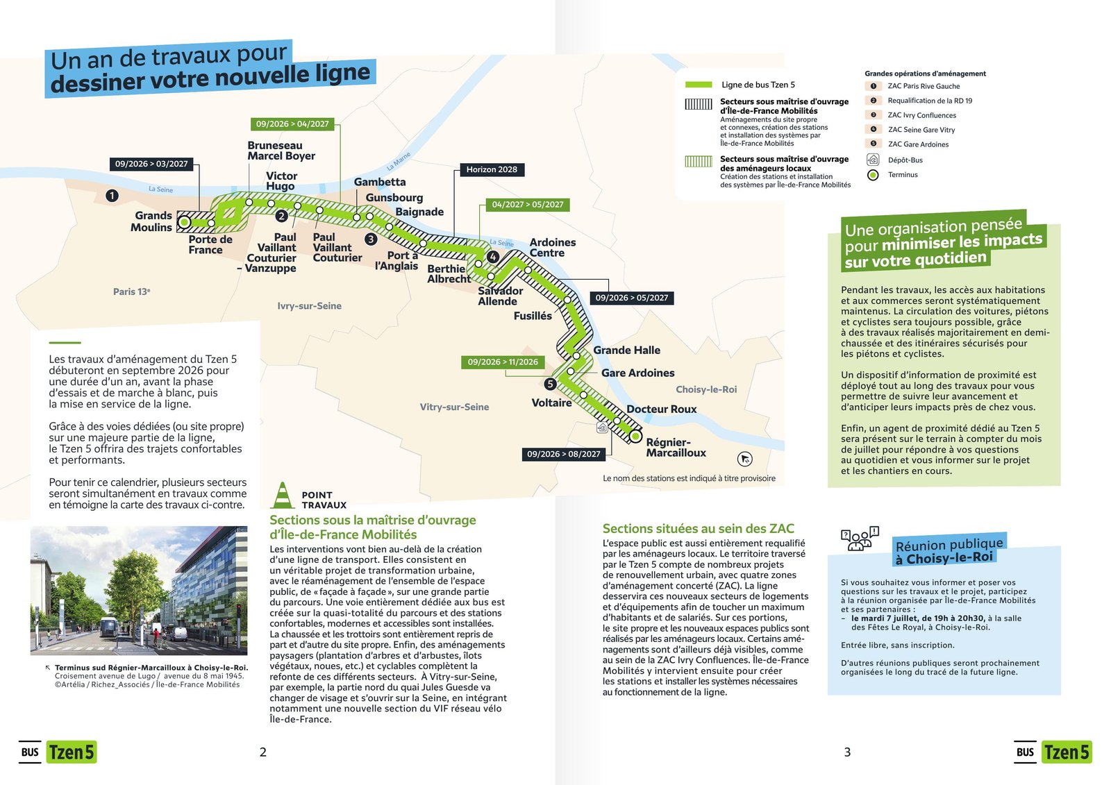 Carte officielle du tracé du TZen 5, avec la station Port à l’Anglais et les secteurs de travaux