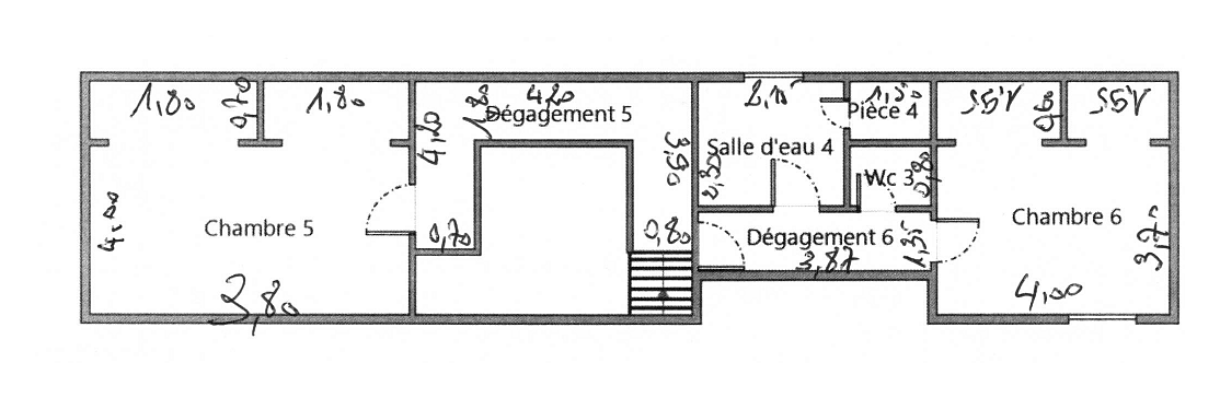 Plan coté du deuxième étage avec mezzanine, chambres 5 et 6, salle d’eau et dégagements
