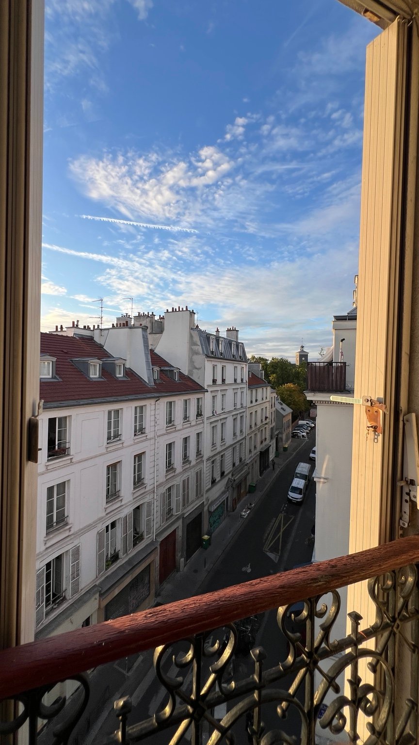 Vue verticale depuis une fenêtre sur les toits de Paris