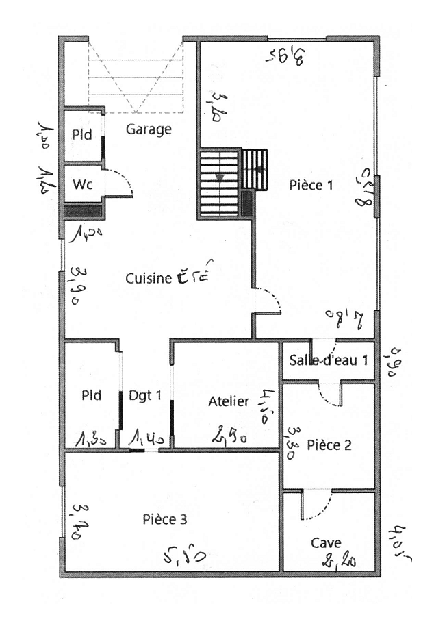 Dimensioned garden-level plan showing the garage, summer kitchen, workshop, shower room, cellar and leisure spaces